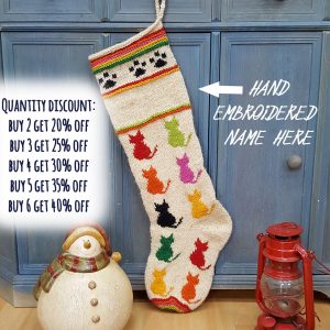 Hand-knit Christmas stocking with colorful cat motifs and paw prints, Fair-Trade handmade