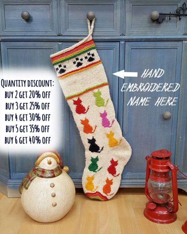 Hand-knit Christmas stocking with colorful cat motifs and paw prints, Fair-Trade handmade