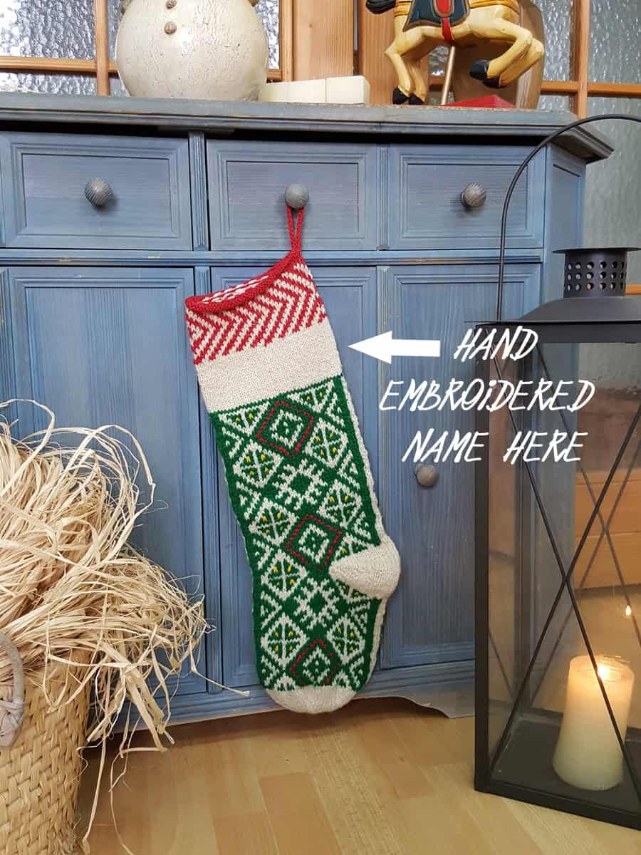 Personalized holiday stocking, custom name placement for hand embroidery on green Christmas stocking