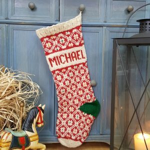 Close-up of custom name embroidery on Christmas stocking cuff
