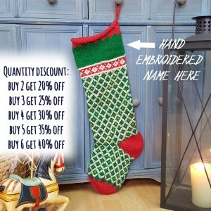 Custom name Christmas stocking, green with red trim and diamond jacquard, monogram on cuff