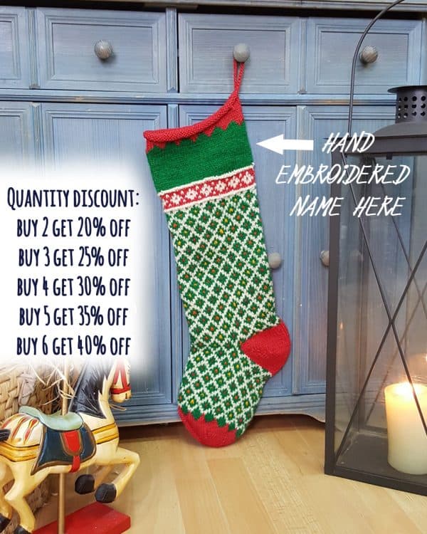 Custom name Christmas stocking, green with red trim and diamond jacquard, monogram on cuff