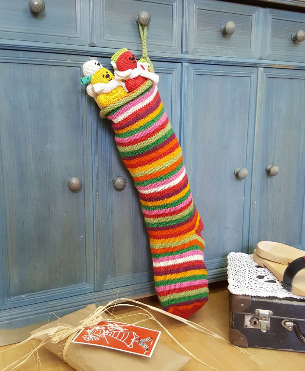 Hand-knit striped Christmas stocking, multicolor, 60×18 cm, fair-trade holiday home decor!