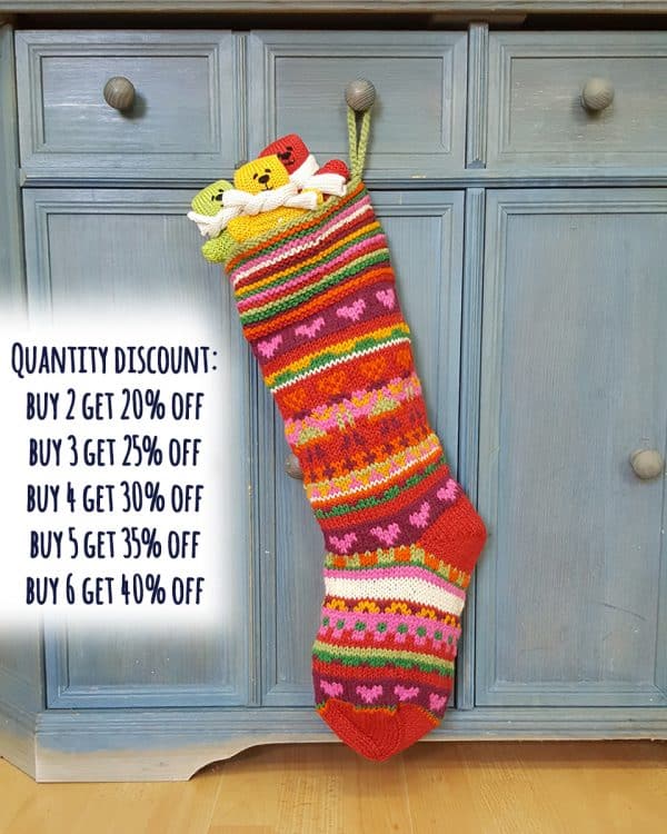 Colorful striped Christmas stocking with heart details, handmade
