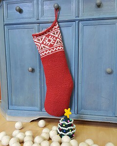Hand-knit jacquard Christmas stocking with heritage motifs, artisan made, 60×18 cm