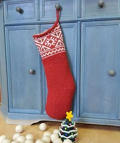 Hand-knit jacquard Christmas stocking with heritage motifs, artisan made, 60×18 cm