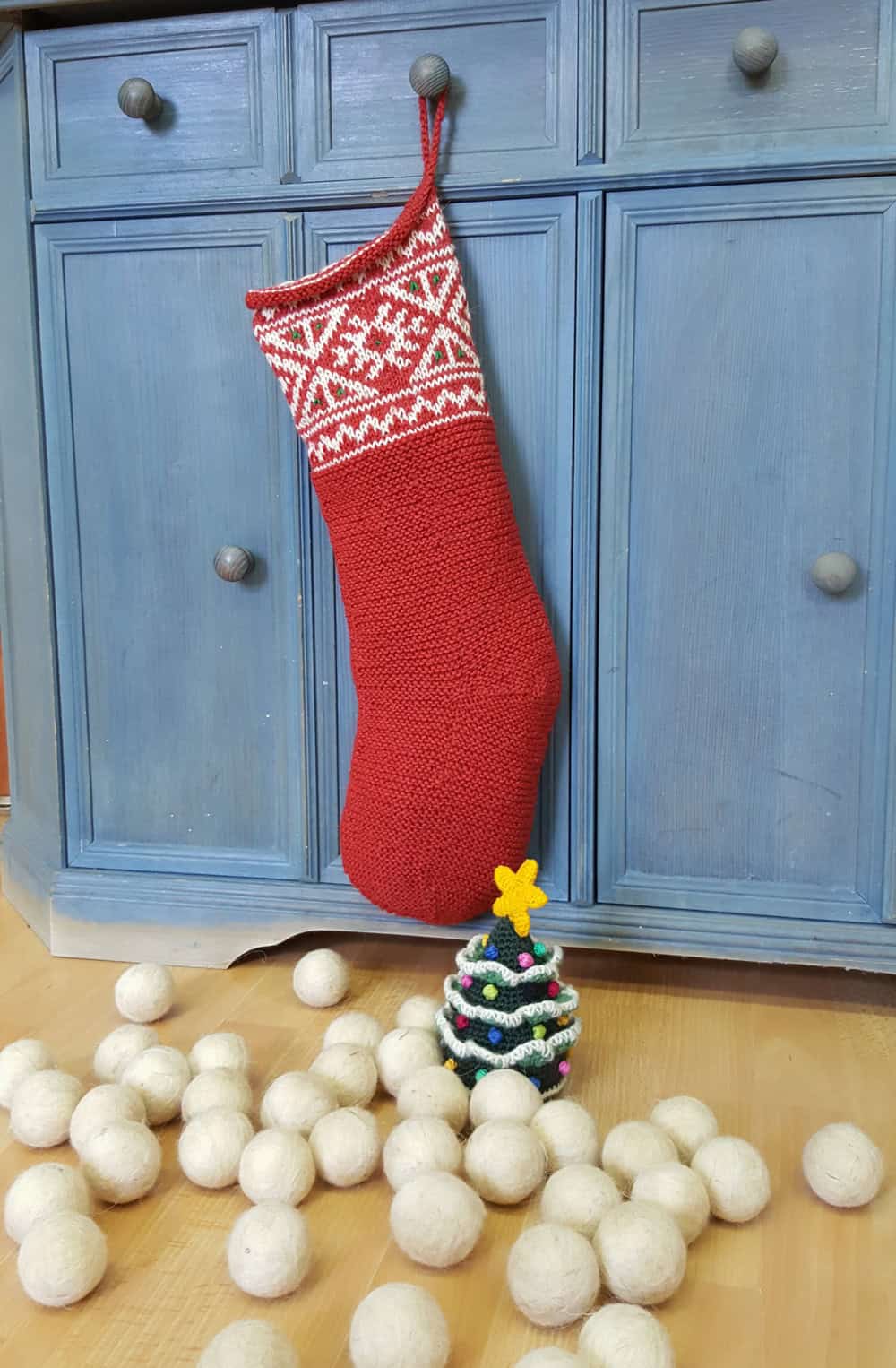Hand-knit jacquard Christmas stocking with heritage motifs, artisan made, 60×18 cm