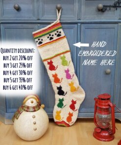Hand-knit Christmas stocking with colorful cat motifs and paw prints, Fair-Trade handmade
