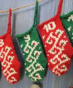 Close-up of a hand-knit mini stocking from the advent calendar