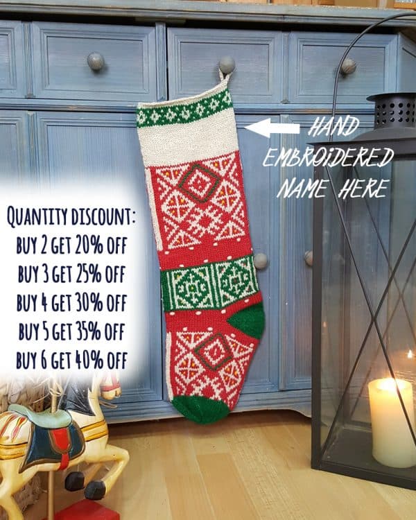 Hand-knitted multicolor traditional Christmas stocking with rich pattern.