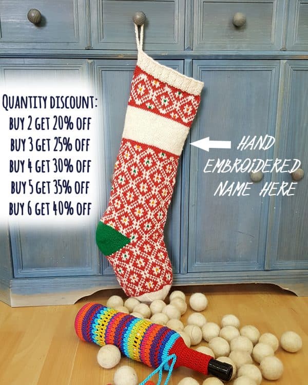 Hand-knit personalized Christmas stocking with embroidered name