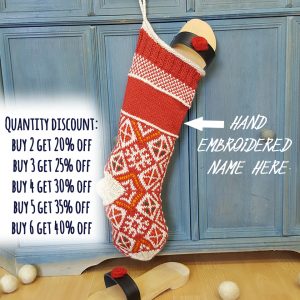 Hand-knitted red Christmas stocking with traditional Bosnian pattern, personalized name
