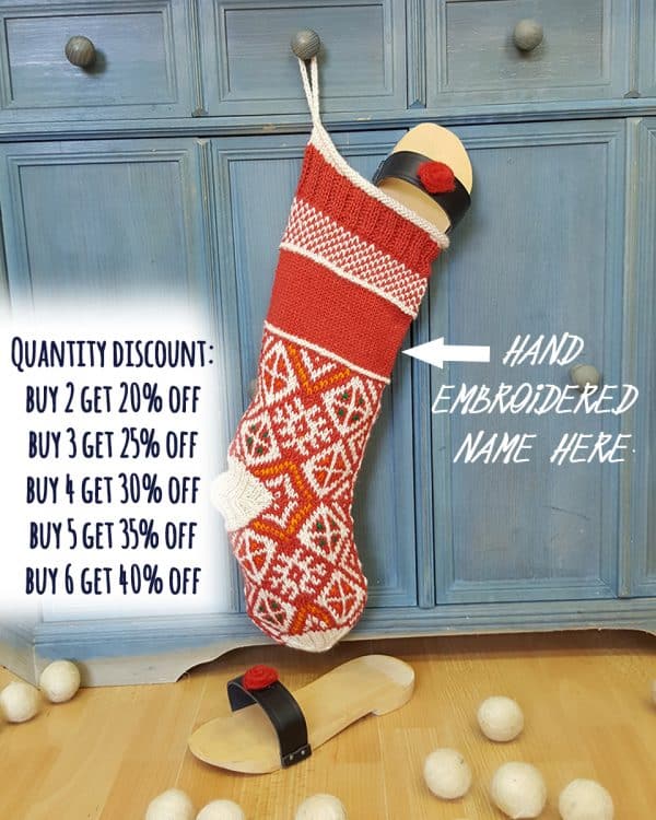 Hand-knitted red Christmas stocking with traditional Bosnian pattern, personalized name