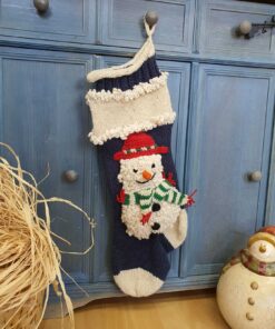 Hand-knit blue Christmas stocking with snowmen appliqué, personalized name on cuff