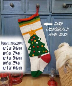 Hand-knit and fair trade Personalized Christmas stocking with tree and lights appliqué