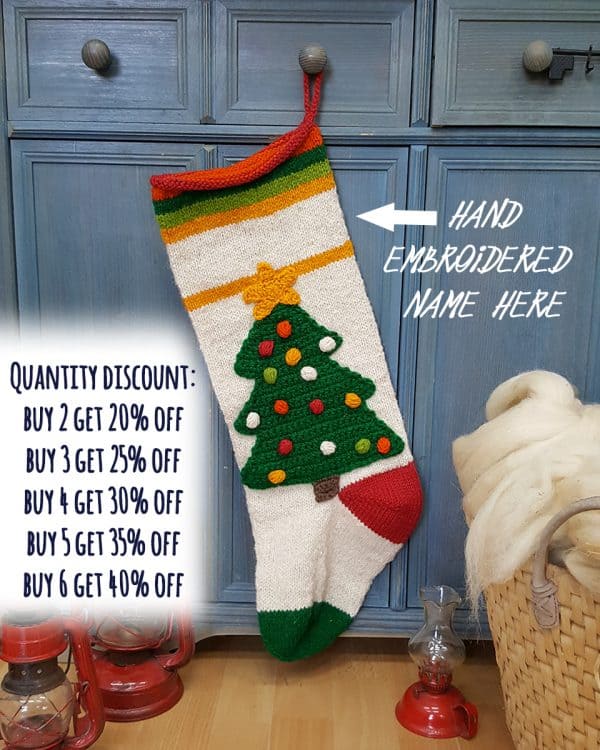 Hand-knit and fair trade Personalized Christmas stocking with tree and lights appliqué