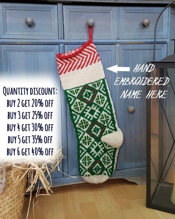 Personalized green knitted Christmas stocking with traditional Bosnian pattern