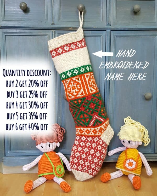 Hand-knit multicolor Christmas stocking with personalized name