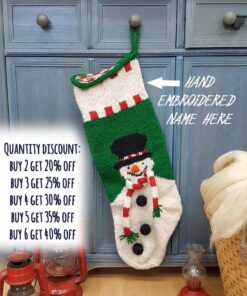 Custom embroidered name on snowman Christmas stocking, handmade and eco-friendly.