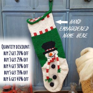 Custom embroidered name on snowman Christmas stocking, handmade and eco-friendly.