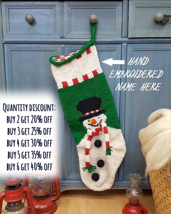 Custom embroidered name on snowman Christmas stocking, handmade and eco-friendly.