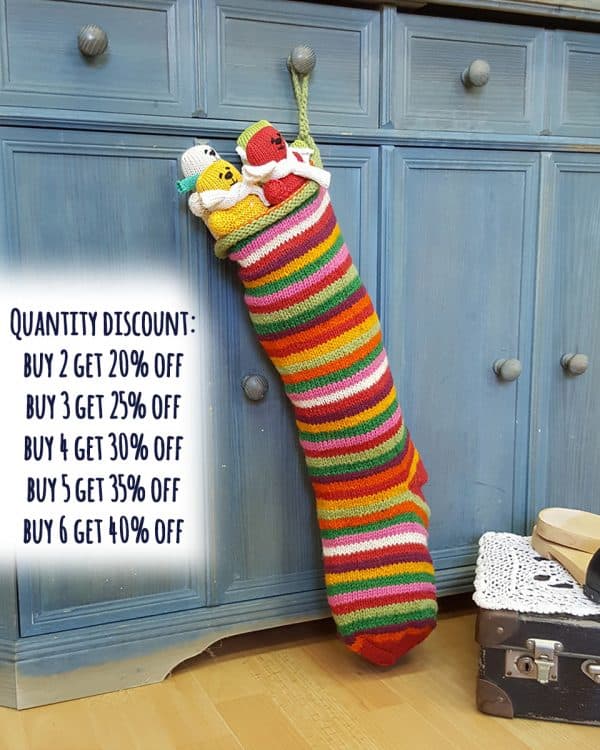 Hand-knit striped Christmas stocking in vivid multicolor