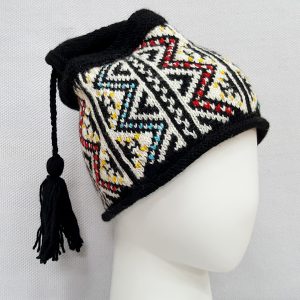 black knit beanie with tassel