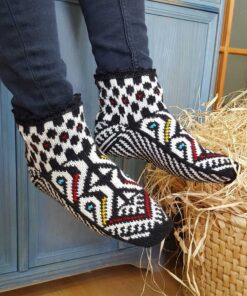 Handcrafted wool Bosnian traditional slipper socks with red and white design