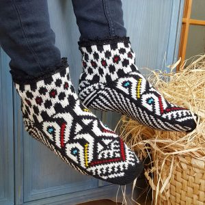 Handcrafted wool Bosnian traditional slipper socks with red and white design