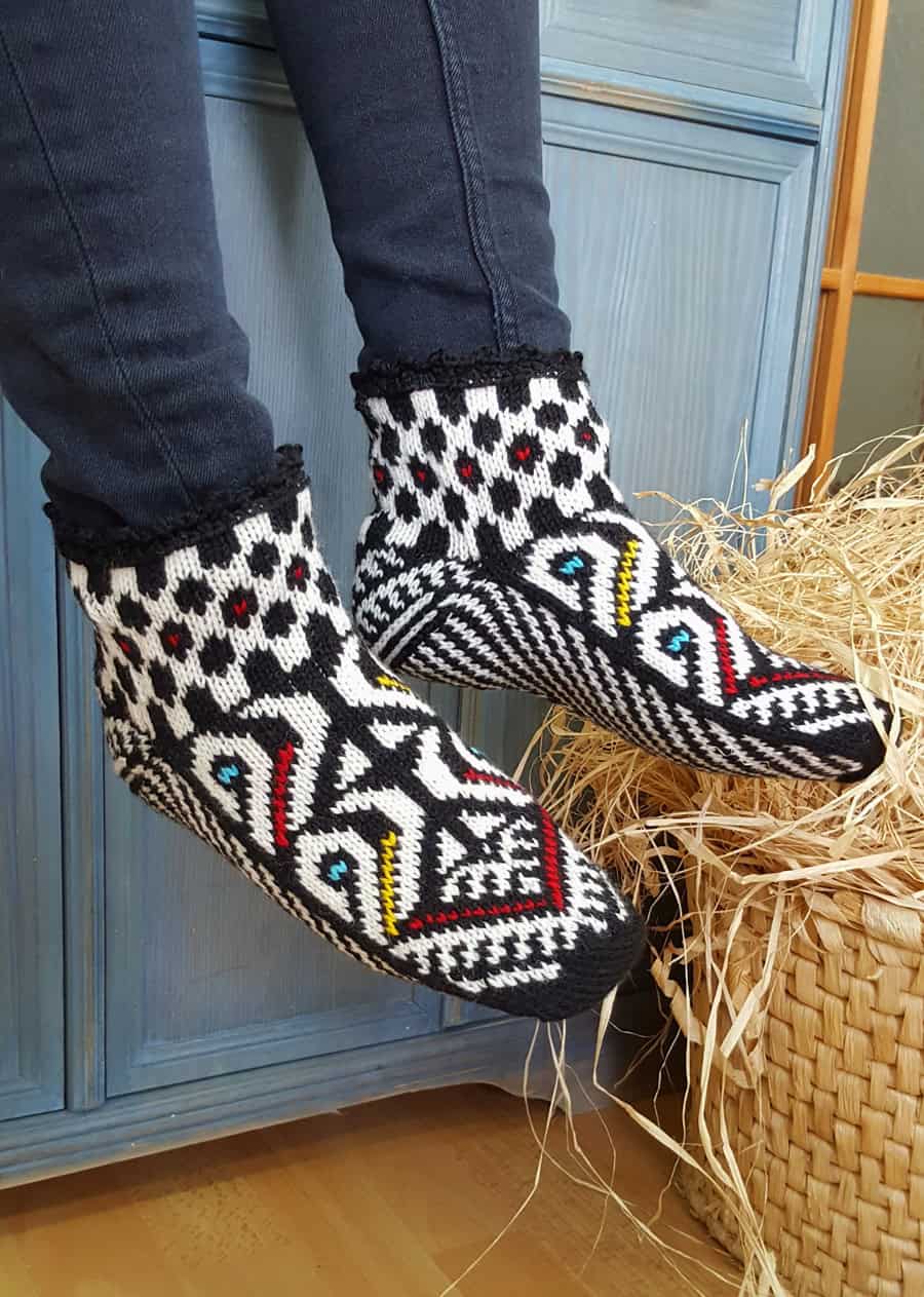Handcrafted wool Bosnian traditional slipper socks with red and white design