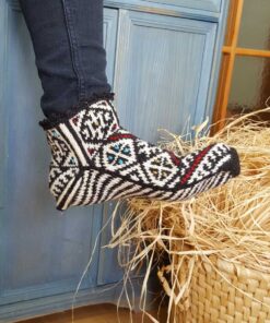 Chunky Artisan's Handmade black and white wool slippers with Bosnian pattern