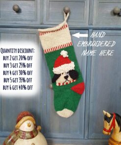 Hand-knit dog Christmas stocking with multicolor dog motifs, green/red accents