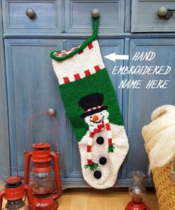 Personalized hand-knitted Christmas stocking with embroidered custom name and snowman design