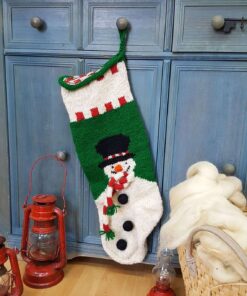 Fair-trade handmade holiday stocking featuring a smiling snowman with scarf and top hat.