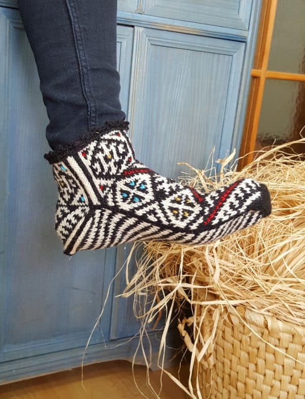 Chunky Artisan's Handmade black and white wool slippers with Bosnian pattern