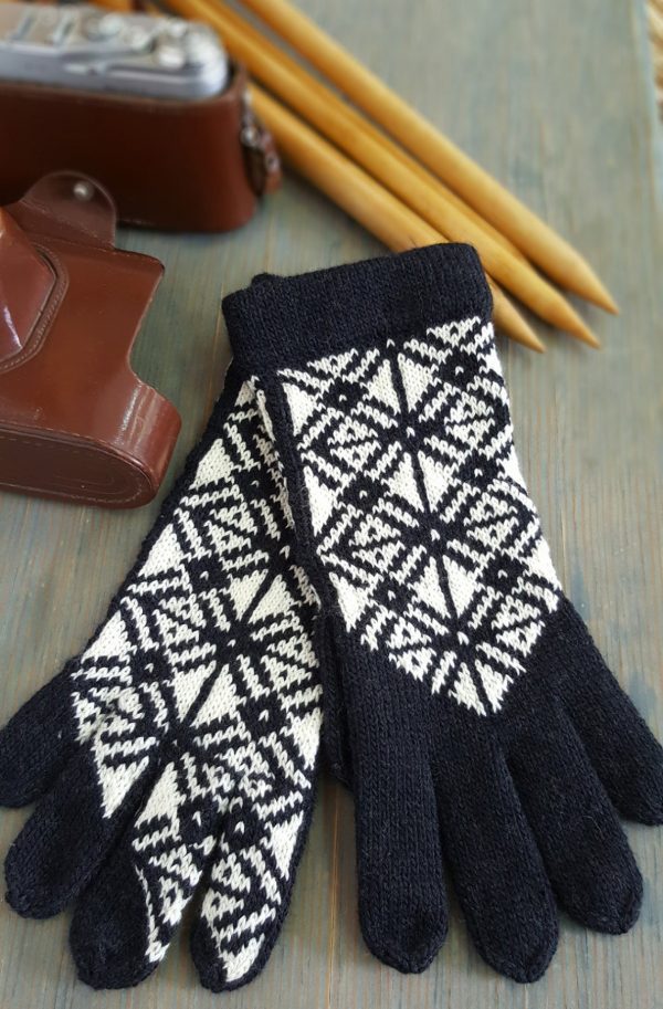 hand knitted black and white gloves