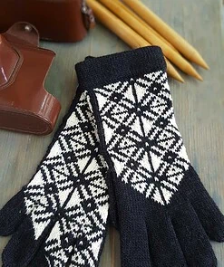 hand knitted black and white gloves