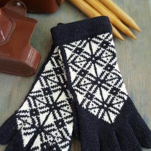 hand knitted black and white gloves