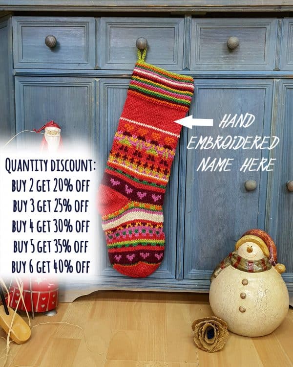 Personalized fair-trade Christmas stocking with stripes and hearts pattern; Festive home decor