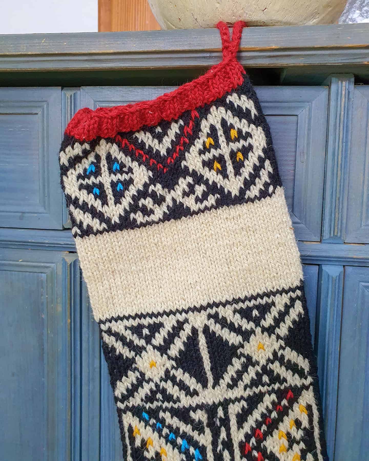 Personalized name placement for hand embroidery name on Jacquard Christmas stocking for your holiday home decor.