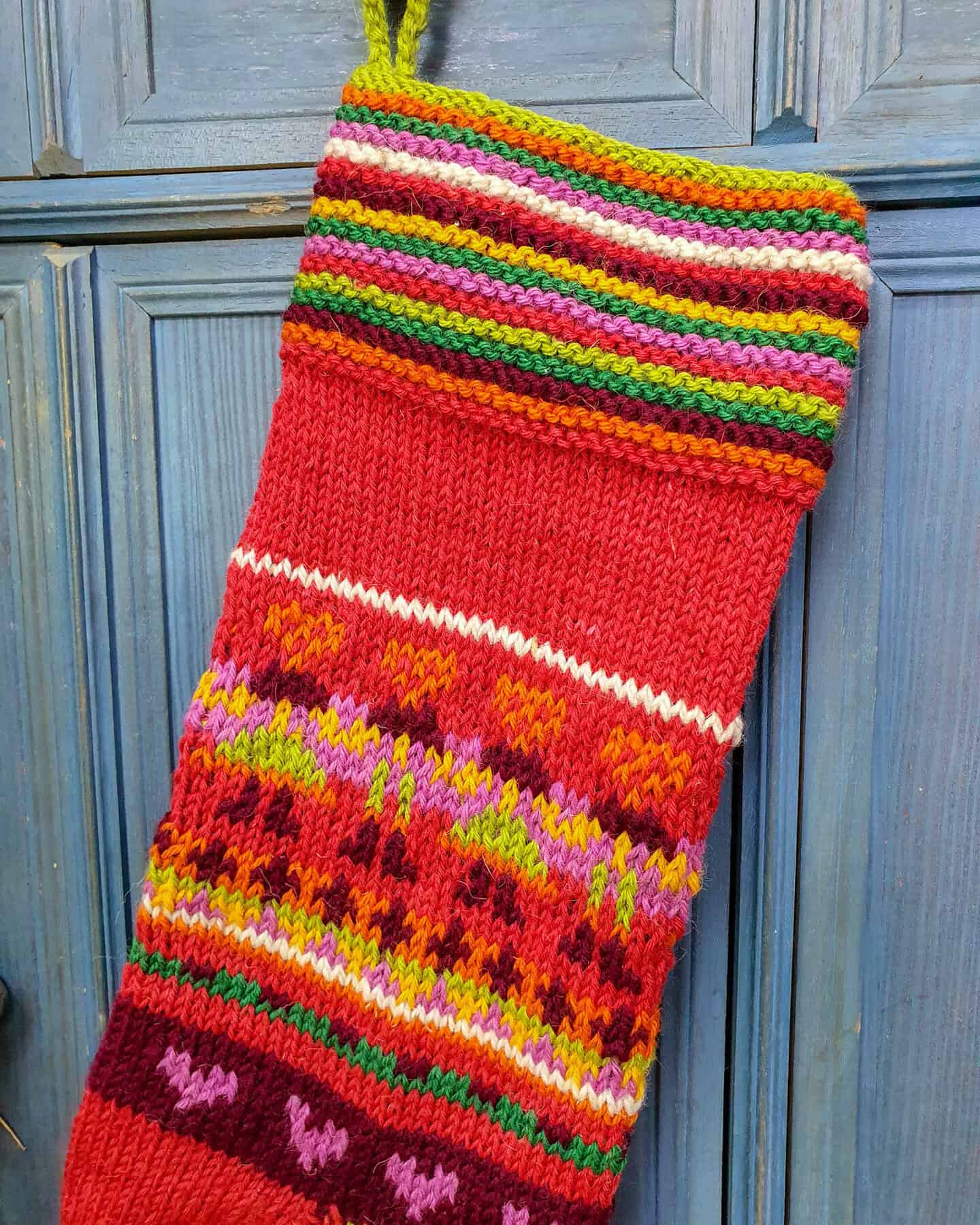 Close-up of placement for embroidered name area on personalized striped Christmas stocking.