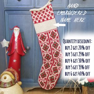 Hand-knitted red and green Christmas stocking with name embroidery from BHcrafts