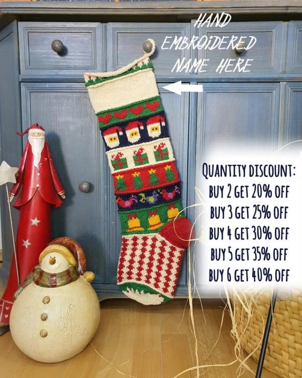 Placement for a custom name embroidery on patchwork stocking