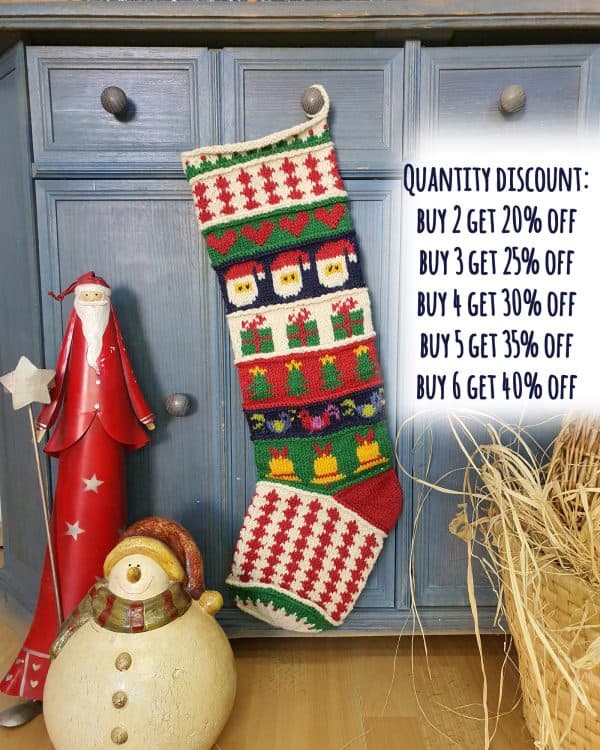 Hand-made patchwork Christmas stocking with Christmas emoji motifs
