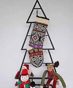 Personalized Christmas stocking hanging on Christmas tree shape in sophisticated navy design for your holiday decor