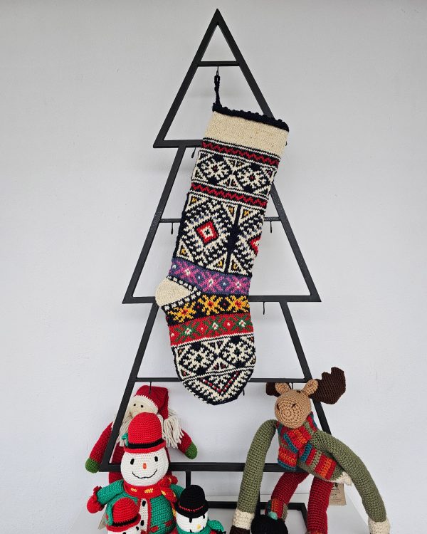 Personalized Christmas stocking hanging on Christmas tree shape in sophisticated navy design for your holiday decor