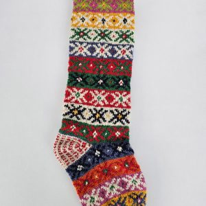 Hand-knitted Christmas stocking with traditional Bosnian slipper sock motif