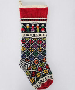 Handcrafted Christmas stocking with a colorful folk art pattern and the option to add a custom name