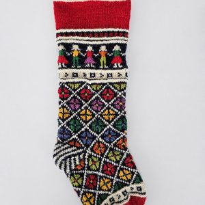 Handcrafted Christmas stocking with a colorful folk art pattern and the option to add a custom name