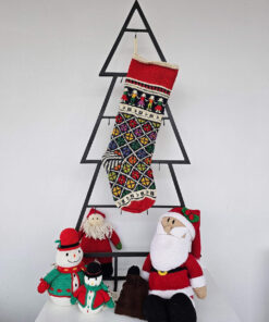 Personalized knitted Christmas stocking featuring floral and traditional patterns in red, green, and yellow with a Custom Name.